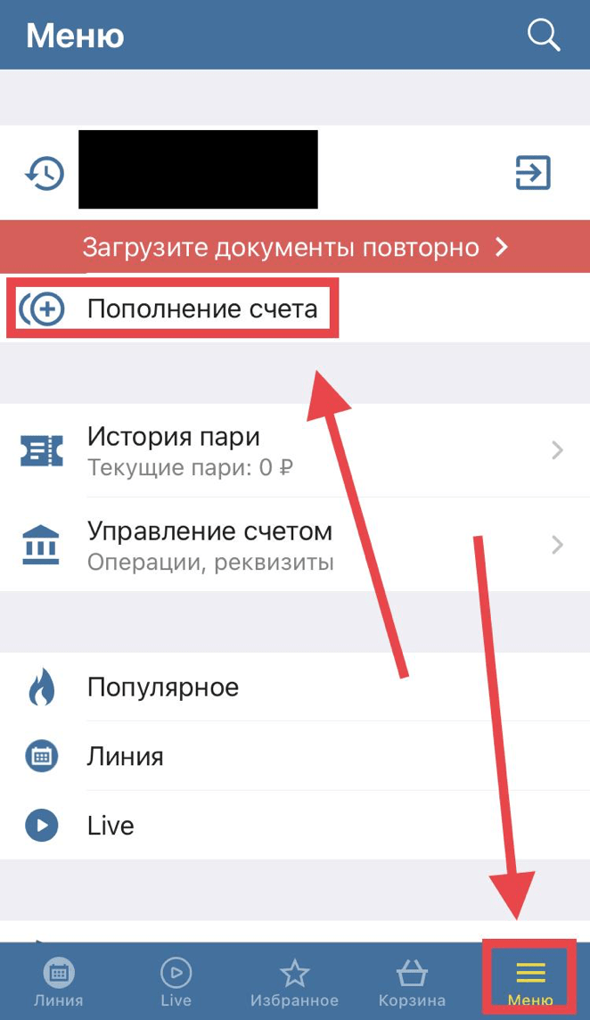 Меню пополнения баланса